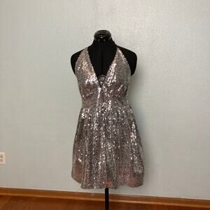 L Charlotte Russe Silver Allover Sequin midi skater dress backless halter tie